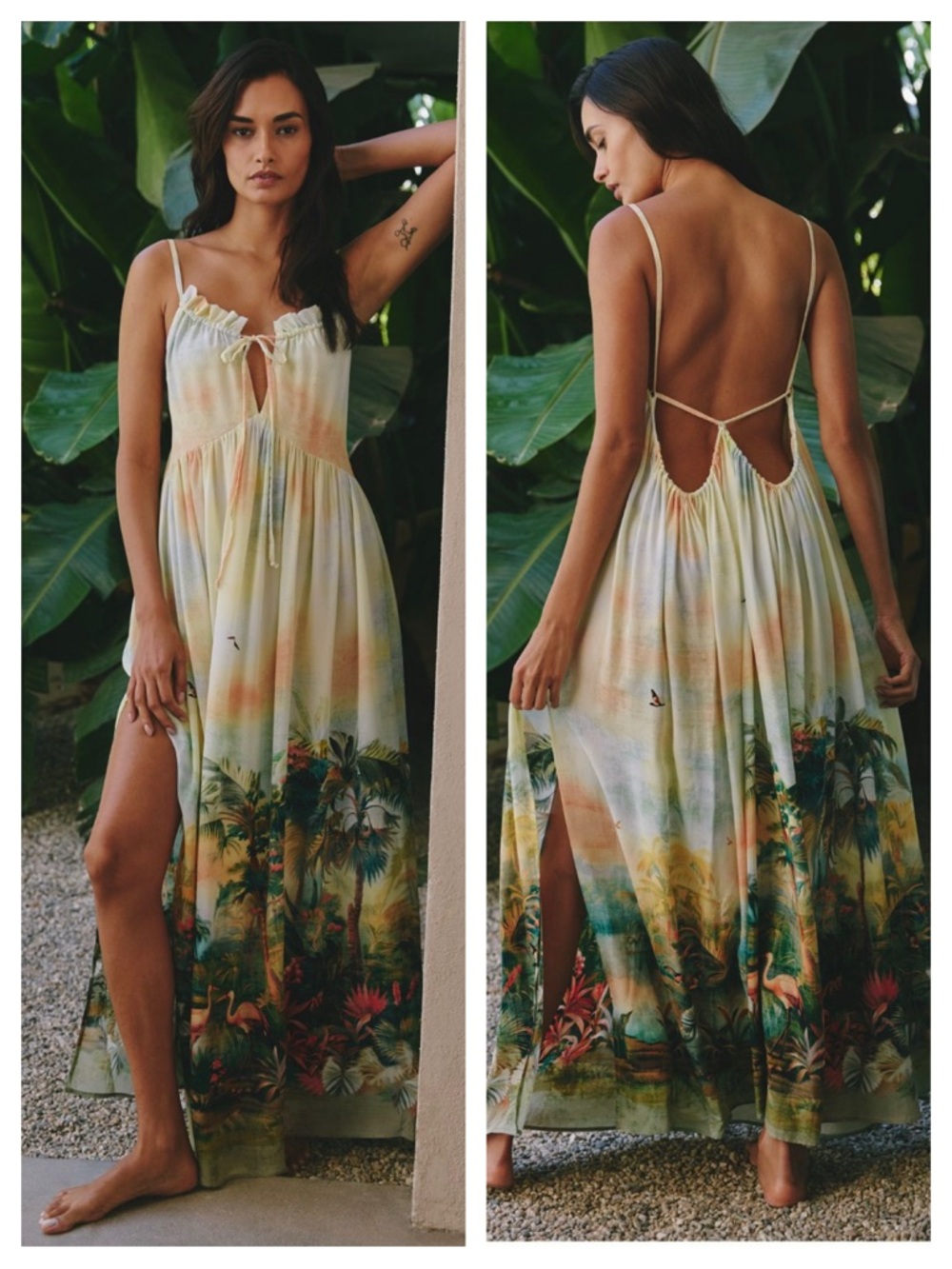 Anthropologie Boho Celandine Tropical Scenic Maxi Dress NWT S Coastal Green